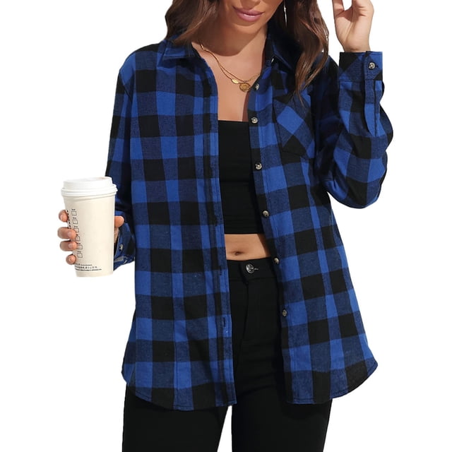 MOSHU Flannel Shirts for Women Casual Plaid Womens Tops Long Sleeve Button Down Shirts Curved Hem Blouses