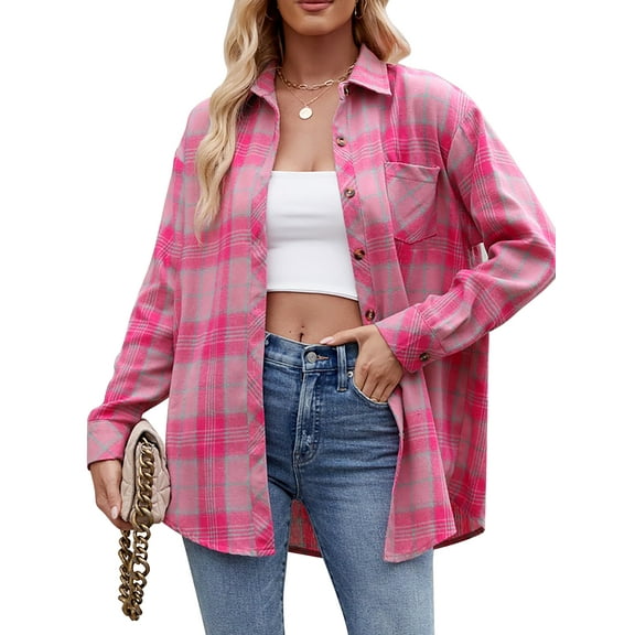 MOSHU Flannel Shirts for Women Casual Plaid Womens Tops Long Sleeve Button Down Shirts Curved Hem Blouses