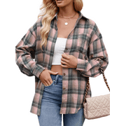 MOSHU Flannel Shirts for Women Casual Plaid Womens Tops Long Sleeve Button Down Shirts Curved Hem Blouses