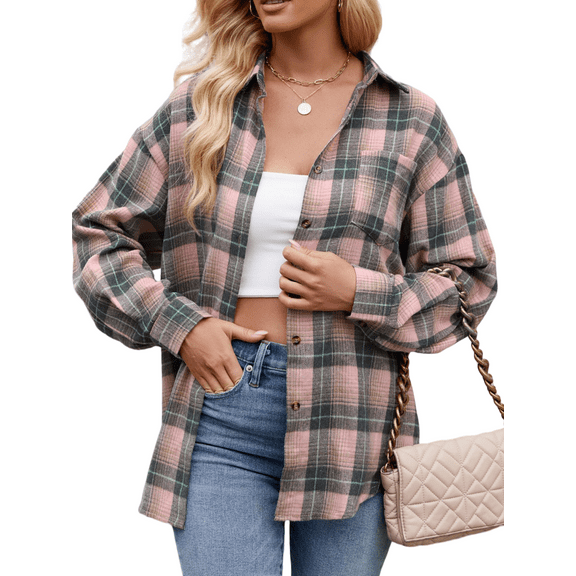 MOSHU Flannel Shirts for Women Casual Plaid Womens Tops Long Sleeve Button Down Shirts Curved Hem Blouses