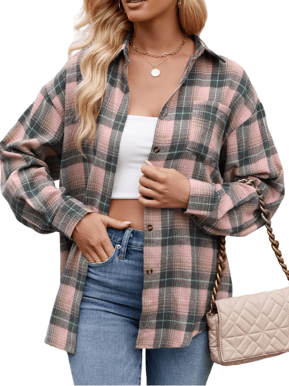 Flannel Shirts for Women Casual Plaid Womens Tops Long Sleeve Button Down Shirts Curved Hem Blouses