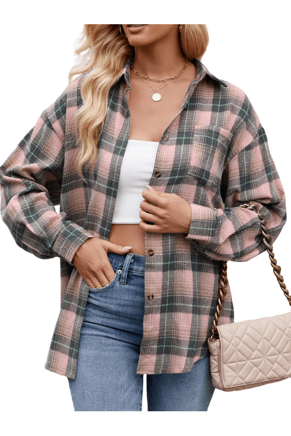 Flannel Shirts for Women Casual Plaid Womens Tops Long Sleeve Button Down Shirts Curved Hem Blouses
