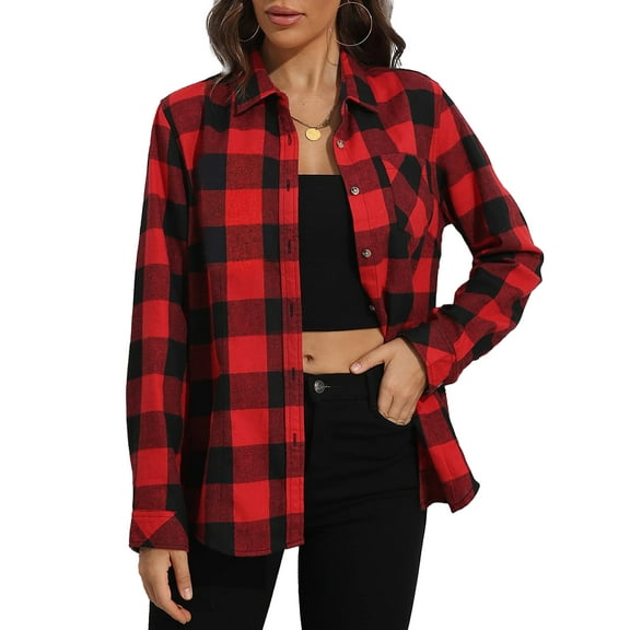 MOSHU Flannel Shirts for Women Casual Plaid Womens Tops Long Sleeve Button Down Shirts Curved Hem Blouses