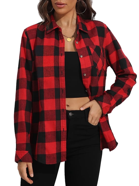 Flannel Shirts for Women Casual Plaid Womens Tops Long Sleeve Button Down Shirts Curved Hem Blouses