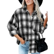 MOSHU Flannel Woemns Shackets Plaid Button Down Shirts for Women Blouses Jackets