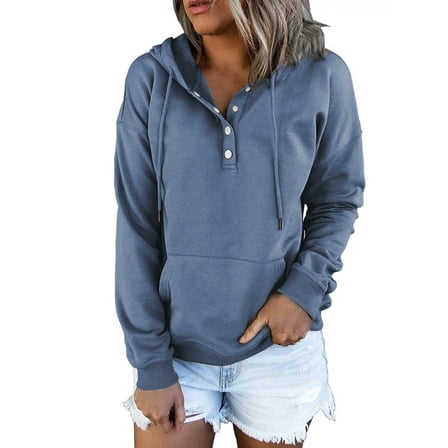 MOSHU Half Boutton Womens Hoodies Drawstring Hooded Sweatshirts for Woman With Pocket