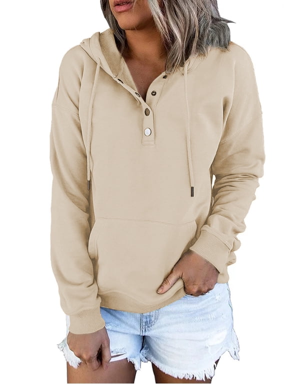 Plus Size Half Boutton Womens Hoodies Drawstring Hooded Sweatshirts for Woman With Pocket