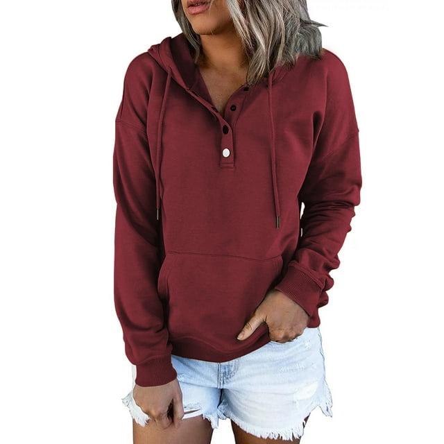MOSHU Half Boutton Womens Hoodies Drawstring Hooded Sweatshirts for Woman With Pocket