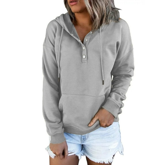 MOSHU Half Boutton Womens Hoodies Drawstring Hooded Sweatshirts for Woman With Pocket
