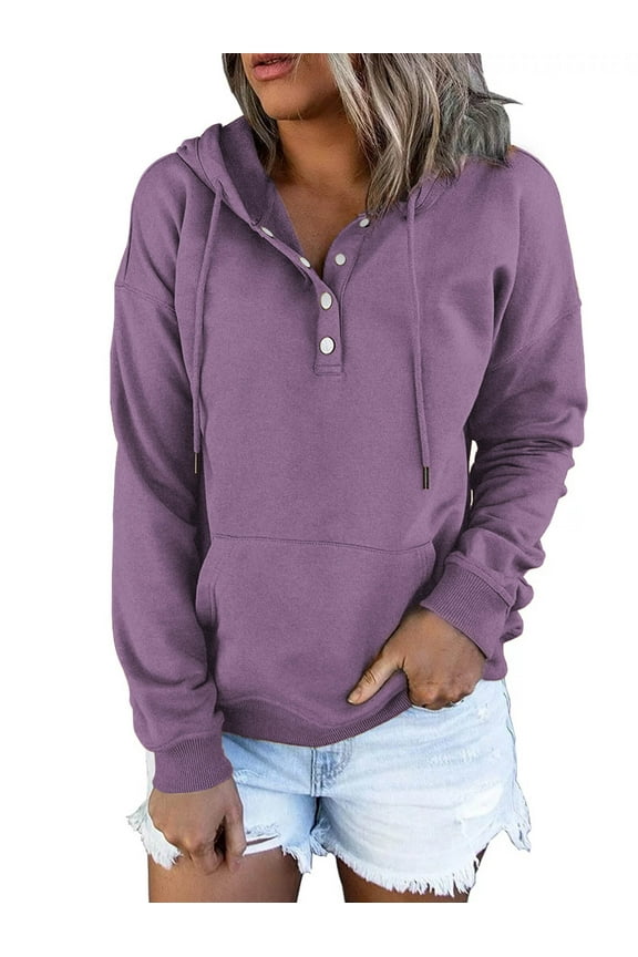 Half Boutton Womens Hoodies Drawstring Hooded Sweatshirts for Woman With Pocket