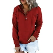 MOSHU Half Boutton Womens Hoodies Drawstring Hooded Sweatshirts for Woman With Pocket