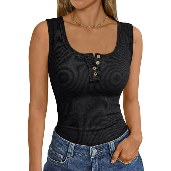 MOSHU Henley Women Tank Tops Ribbed Summer Tops Button Down Sleeveless Shirts