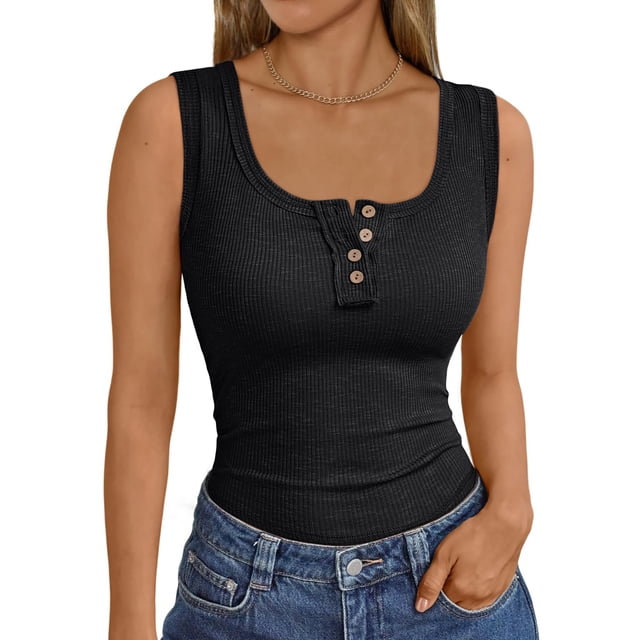 MOSHU Henley Women Tank Tops Ribbed Summer Tops Button Down Sleeveless Shirts