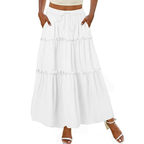 MOSHU High Waist Midi Skirt for Women A-Line Pleated Skirts with Pockets Flowy Dresses