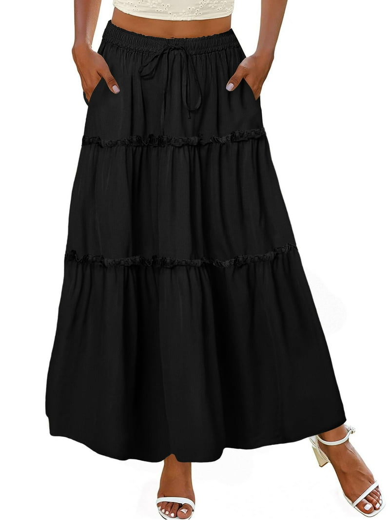 MOSHU High Waist Midi Skirt for Women, A-Line Flowy Skirt, Pleated