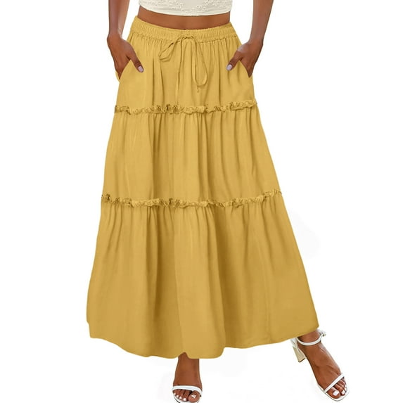 MOSHU High Waist Midi Skirt for Women A-Line Pleated Skirts with Pockets Flowy Dresses