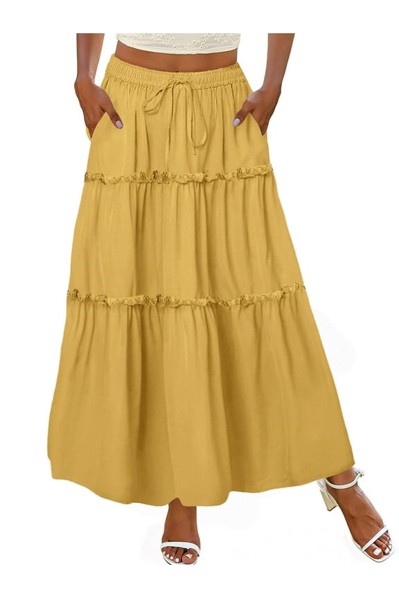 High Waist Midi Skirt for Women A-Line Pleated Skirts with Pockets Flowy Dresses