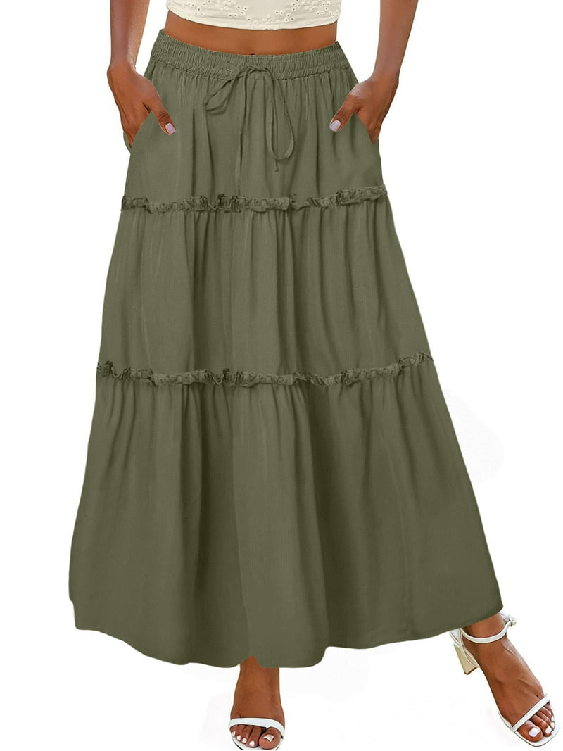MOSHU High Waist Midi Skirt, A-Line Pleated Skirts with Pockets