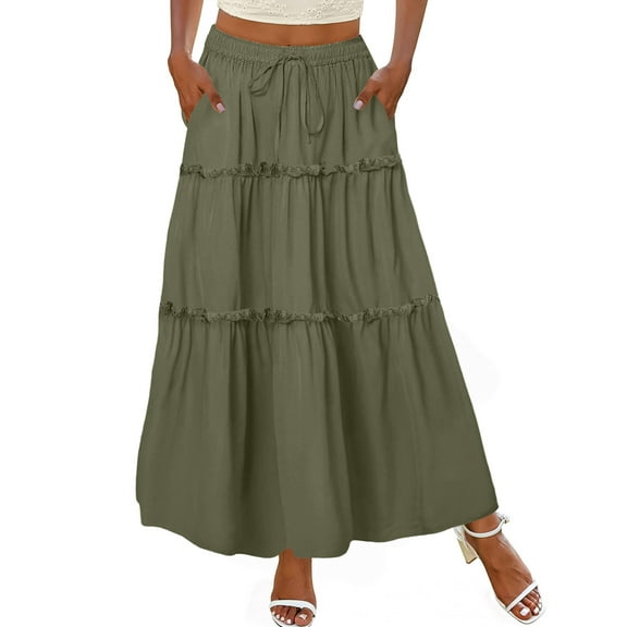 MOSHU High Waist Midi Skirt for Women A-Line Pleated Skirts with Pockets Flowy Dresses