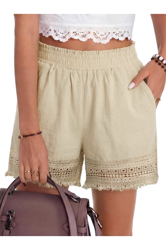 High Waisted Shorts for Women Cotton Lounge Shorts Dressy Lace Trim Summer Beach Pants with Pockets