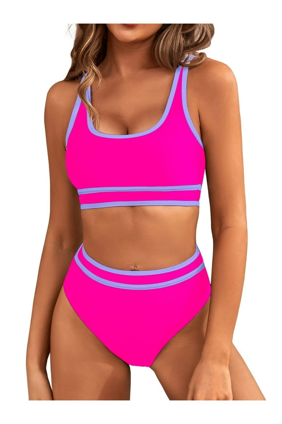 High Waisted Womens Bikini Sets Sporty Two Piece Swimsuits for Women Color Block High Cut Bathing Suits