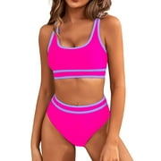 MOSHU High Waisted Womens Bikini Sets Sporty Two Piece Swimsuits for Women Color Block High Cut Bathing Suits
