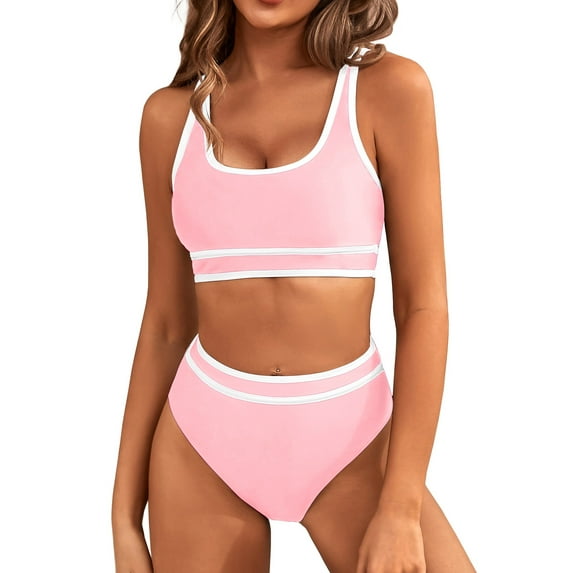 MOSHU High Waisted Womens Bikini Sets Sporty Two Piece Swimsuits for Women Color Block High Cut Bathing Suits