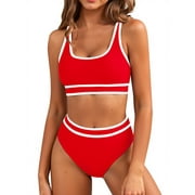 MOSHU High Waisted Womens Bikini Sets Sporty Two Piece Swimsuits for Women Color Block High Cut Bathing Suits