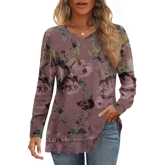 MOSHU Long Sleeve Tops for Women V-neck Womens Blouses Lace Hem Casual Shirts