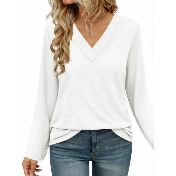 MOSHU Long Sleeve Womens Tops Deep V Neck Blouses for Women Loose Fit Curved Hem Fall Shirts
