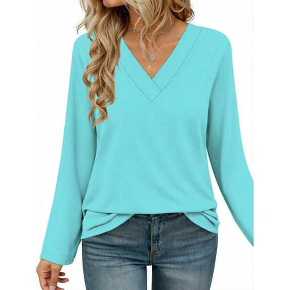 MOSHU Long Sleeve Womens Tops Deep V Neck Blouses for Women Loose Fit Curved Hem Fall Shirts