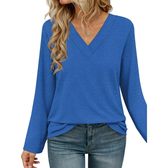 MOSHU Long Sleeve Womens Tops Deep V Neck Blouses for Women Loose Fit Curved Hem Fall Shirts