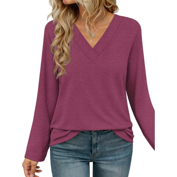 MOSHU Long Sleeve Womens Tops Deep V Neck Blouses for Women Loose Fit Curved Hem Fall Shirts