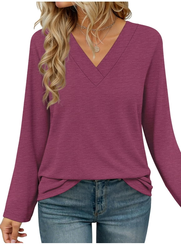 Long Sleeve Womens Tops Deep V Neck Blouses for Women Loose Fit Curved Hem Fall Shirts