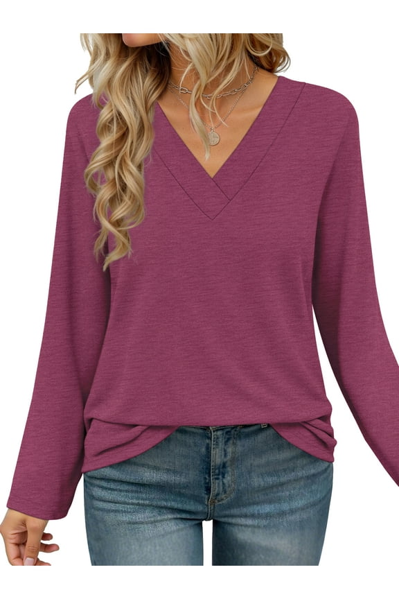 Long Sleeve Womens Tops Deep V Neck Blouses for Women Loose Fit Curved Hem Fall Shirts