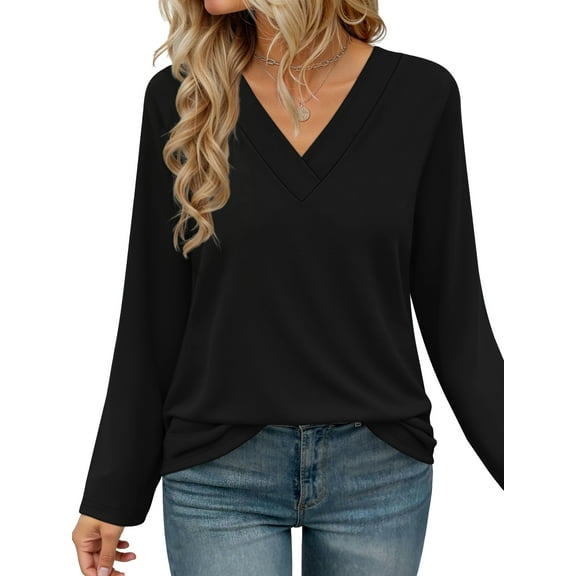 MOSHU Long Sleeve Womens Tops Deep V Neck Blouses for Women Loose Fit Curved Hem Fall Shirts