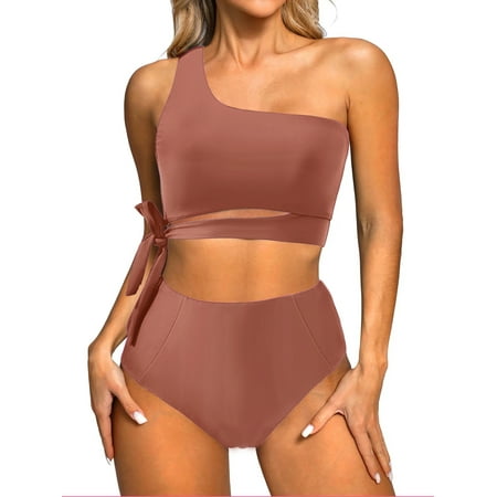 MOSHU One Shoulder Womens Bikini Sets High Waisted Bathing Suits for Women Tie High Cut Swimsuits