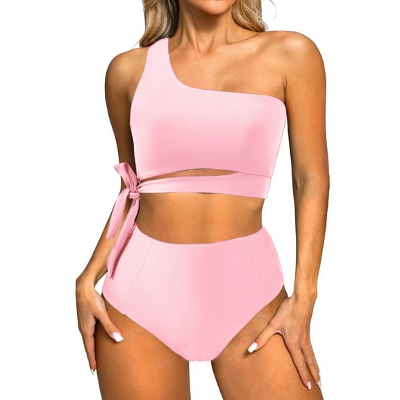 MOSHU One Shoulder Womens Bikini Sets High Waisted Bathing Suits for Women Tie High Cut Swimsuits