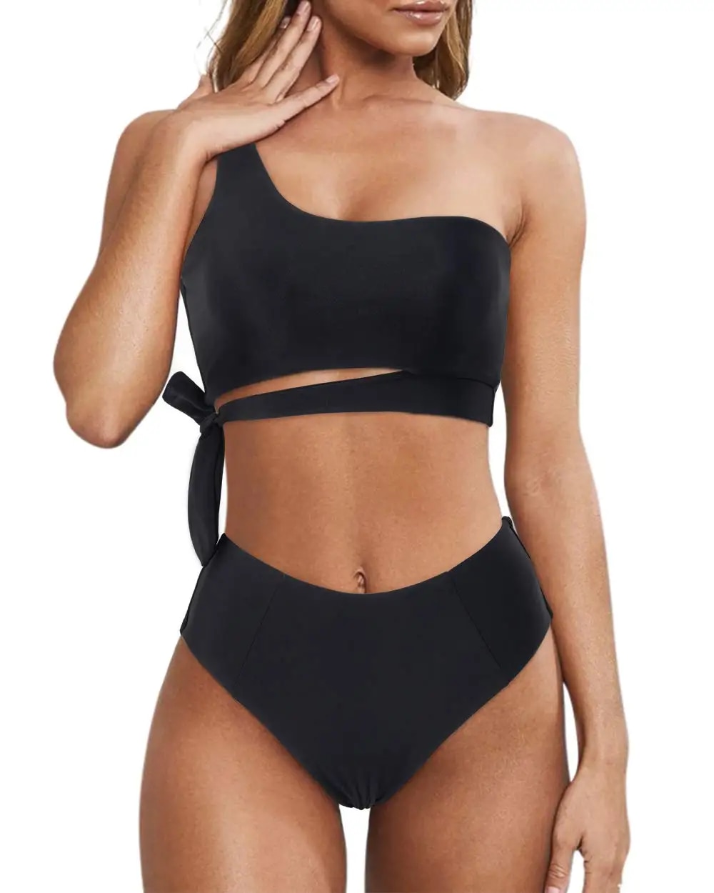 Moshu One Shoulder Womens Bikini Sets High Waisted Bathing Suits for Women Tie High Cut Swimsuits, Women's, Size: Medium, Black