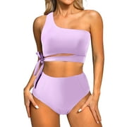 MOSHU One Shoulder Womens Bikini Sets High Waisted Bathing Suits for Women Tie High Cut Swimsuits
