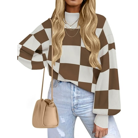 MOSHU Oversized Sweaters for Women Drop Shoulder Plaid Colorblock Tops Fall Crewneck Pullover Sweater