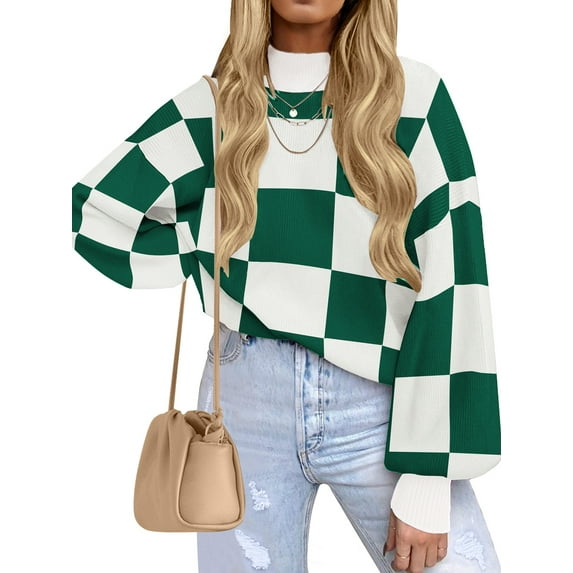 MOSHU Oversized Sweaters for Women Drop Shoulder Plaid Colorblock Tops Fall Crewneck Pullover Sweater