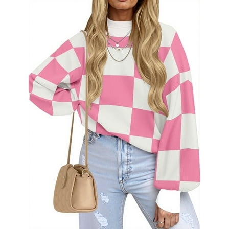 MOSHU Oversized Sweaters for Women Drop Shoulder Plaid Colorblock Tops Fall Crewneck Pullover Sweater