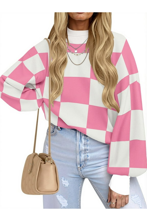Oversized Sweaters for Women Drop Shoulder Plaid Colorblock Tops Fall Crewneck Pullover Sweater
