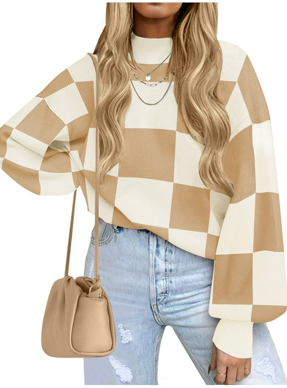 Oversized Sweaters for Women Drop Shoulder Plaid Colorblock Tops Fall Crewneck Pullover Sweater