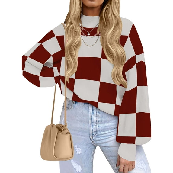 MOSHU Oversized Sweaters for Women Drop Shoulder Plaid Colorblock Tops Fall Crewneck Pullover Sweater