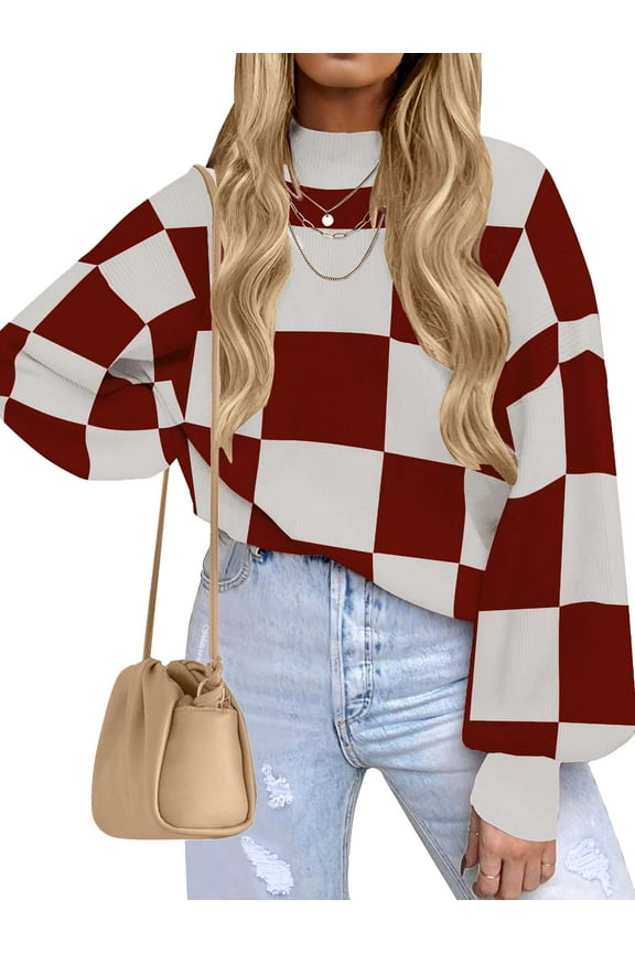 Oversized Sweaters for Women Drop Shoulder Plaid Colorblock Tops Fall Crewneck Pullover Sweater