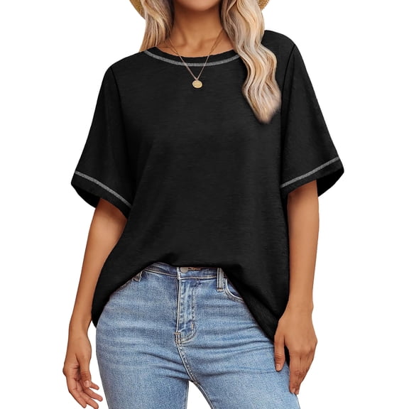 MOSHU Oversized T Shirts for Women Quilting Stitching Womens Shirts Classic Trendy Casual Tops