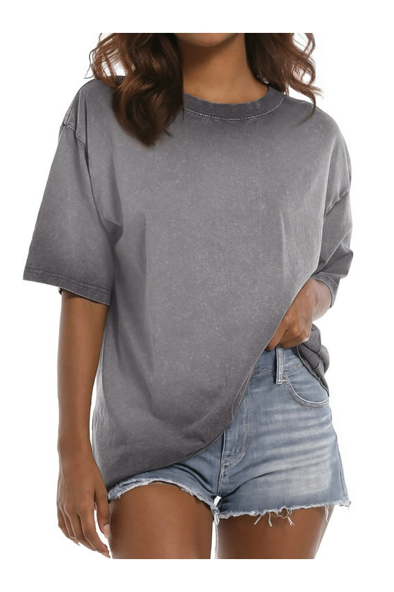 Oversized T Shirts for Women Short Sleeve Vintage Print Cotton Tees Washed Shirts Casual Baggy Womens Tops