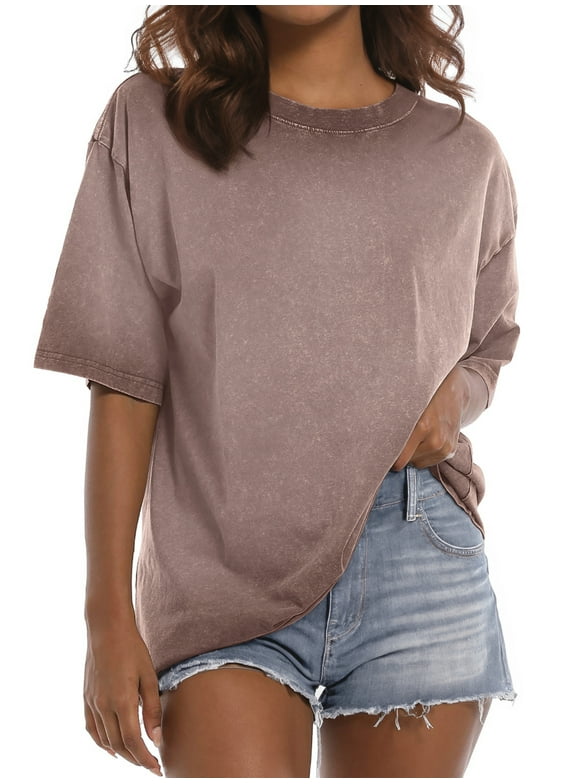 Oversized T Shirts for Women Short Sleeve Vintage Print Cotton Tees Washed Shirts Casual Baggy Womens Tops